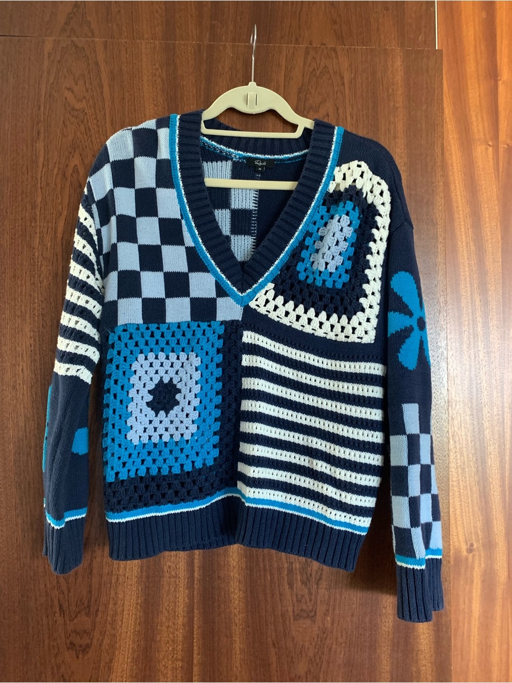 Rails Blue Patchwork Crochet V-Neck Sweater